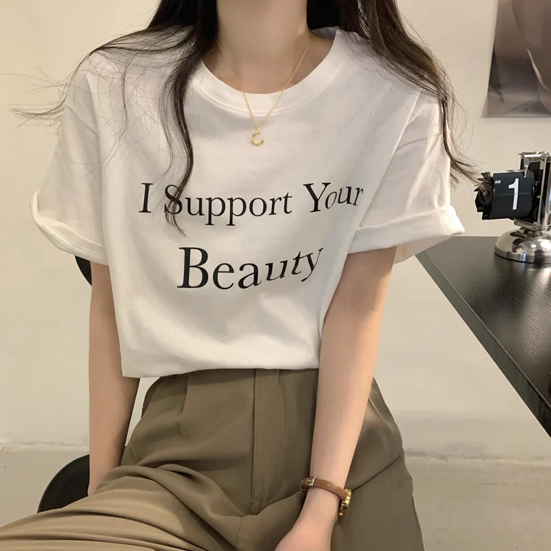 

Spring Summer Korean Cotton T-shirt Casual Loose Letter Print White Short-sleeve Basic Tops Round Neck Streetwear Tshirt Female