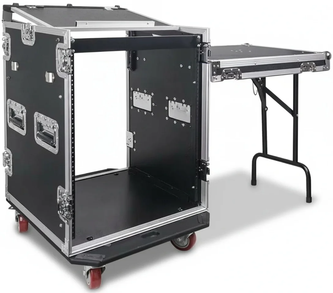 Flight Case 14U DJ Rack, 11U Slant Top Mixer Road ATA Case, 20 Inch/50.8cm Depth, with Side Work Table and Casters, Heavy Duty