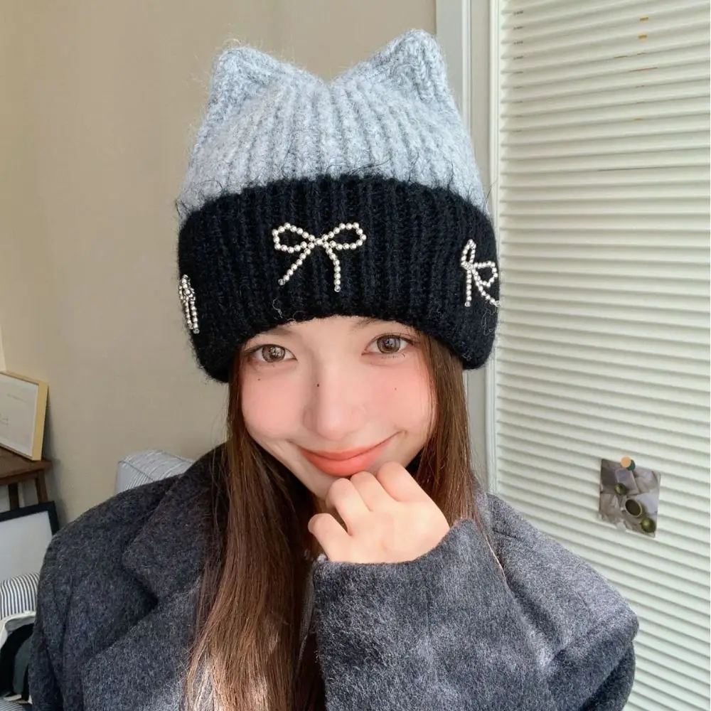 

Casual Bowknot Knitted Hat Knitted Cat Ear Beanie Caps Fiber Windproof Wool Hat