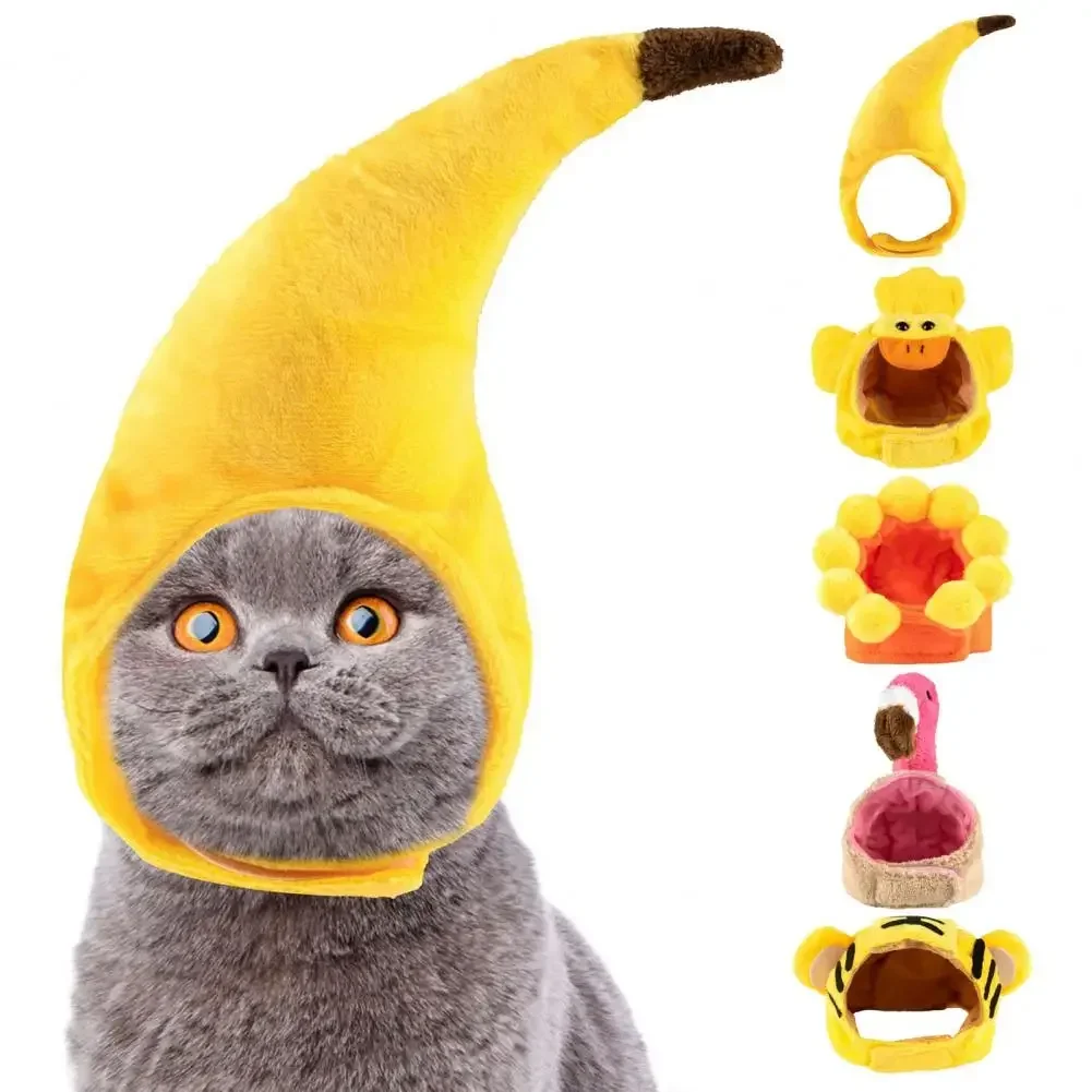 Adjustable Pet Hat Soft Pet Hat Funny Adorable Cat Pet Hats Banana Duck Sunflower Flamingo Tiger Cartoon Design for Small