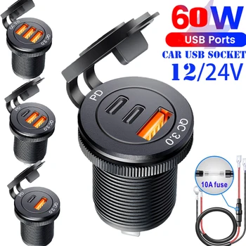 Tomada USB para Carro com Carregamento Rápido PD 3.0, Carregador Veicular 60W para Moto, Barco, Caminhão e ATV 12V 24V