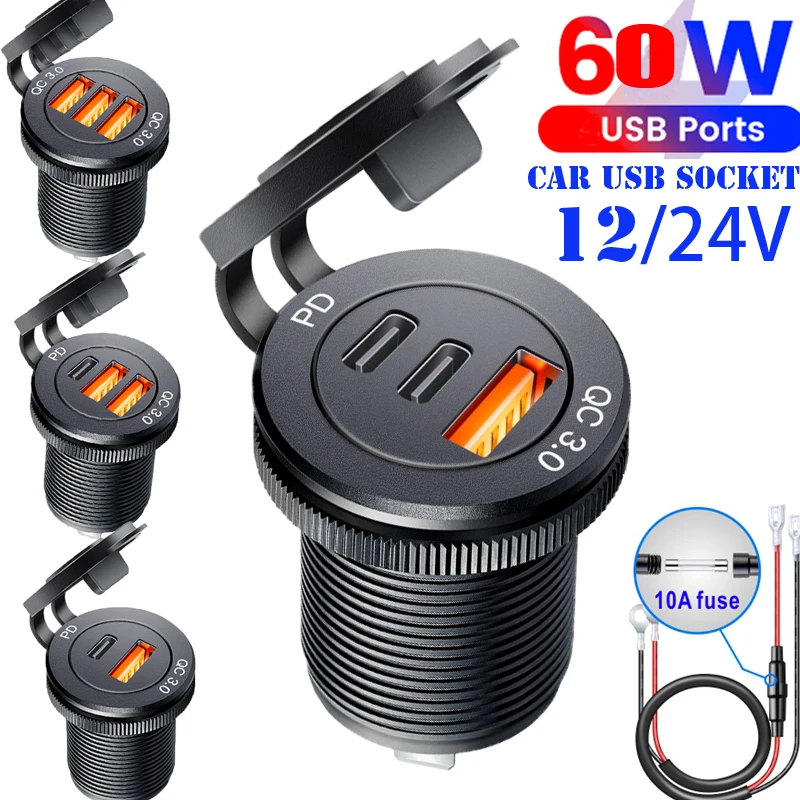 Gniazdo USB w samochodzie Quick Charge PD 3.0 Ładowarka samochodowa 60W Gniazdo zasilania do motocykli, łodzi, pojazdów morskich, ciężarówek, quadów 12V 24V