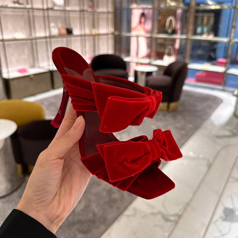 

Red Bow-knot Ladies Slippers Open Toe High Heels Sandals Slingback Female Pumps Slip On Women Shoes
