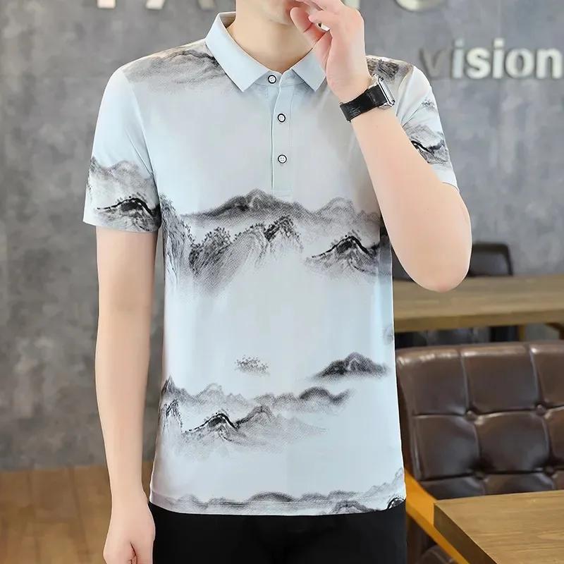 Men's Ink Wash Landscape Print Polo Shirt Ice Silk Short Sleeve Slim Fit Casual Tops