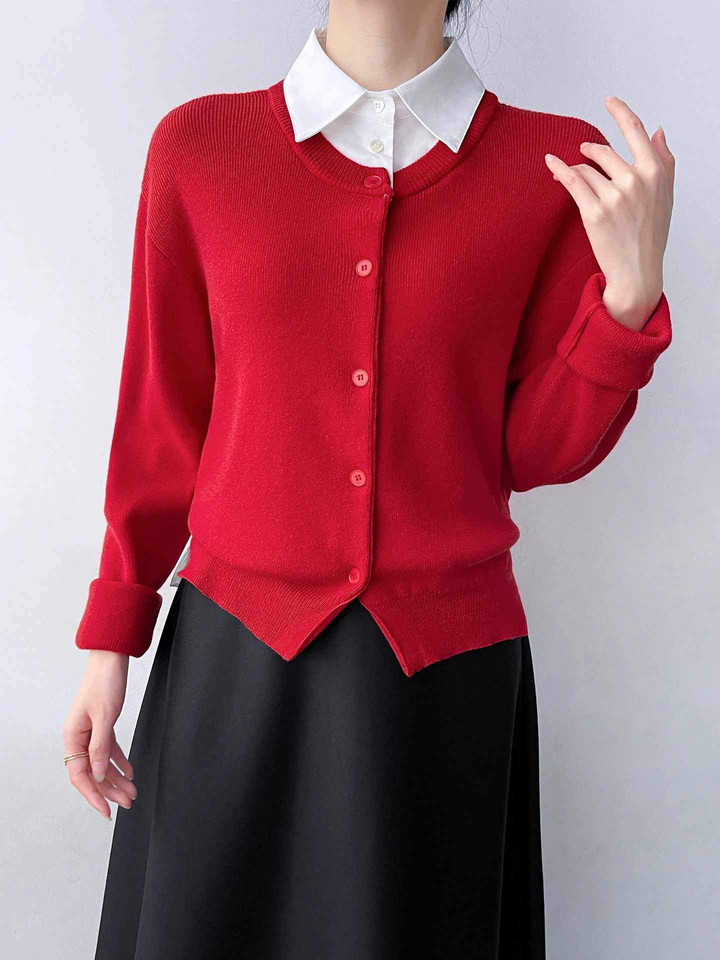 

Korean Sle Woolen Knitted Cardigan Women's Base irt Inner Wear Top Red Spring Layering Soft Wool Long Sve Regular Fit