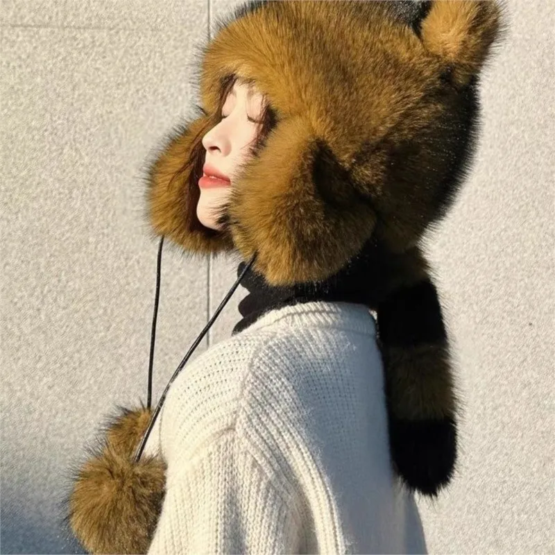 New ear-shaped fur hat with fleece ear and cover outdoor cold-proof warm for women