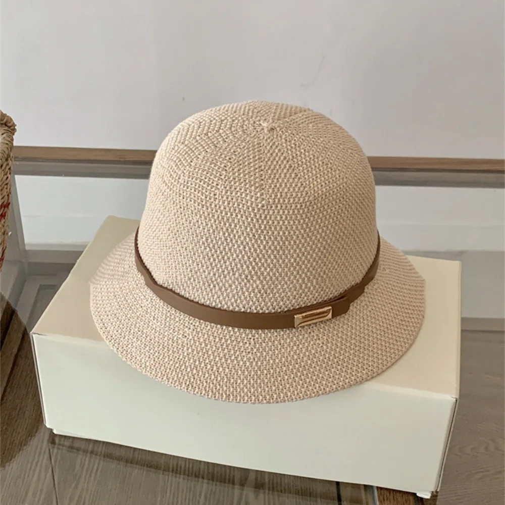 

PU Leather Belt Women Sunscreen Hats Sun Protection Wide Brim Summer Bucket Hats Elegant Simple Outdoor Straw Hats Beach