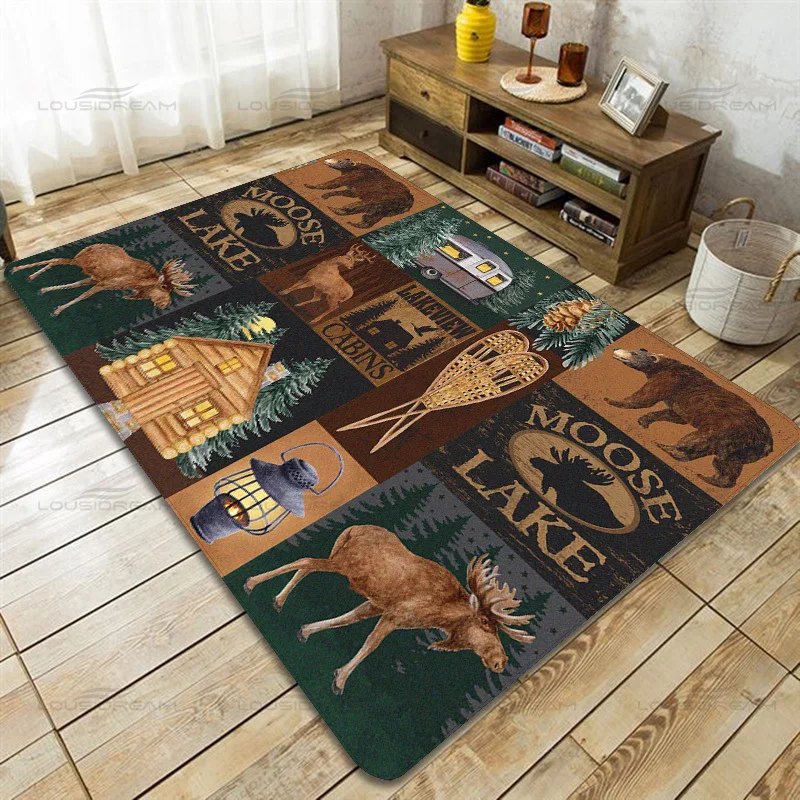 

Country Style Farmhouse Lodge Bear Moose Deer Soft Rug Square Flannel Home Rug Vintage Home Living Room Floor Mats Bedroom Rug