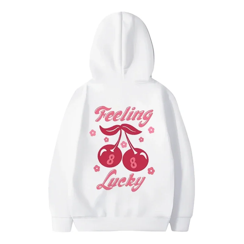 Women\'s Cherry Feeling Lucky Graphic Hoodie Casual Pocket Long Sleeve Drawstring Hoodies Y2k Sweatshirt Women\'s Clothing