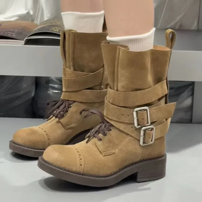

Retro British Style Women Boots 2025 Chunky Heels Belt Buckle Women Mid Calf Boots Western Cowboy Boots Motorcycle Botines Mujer