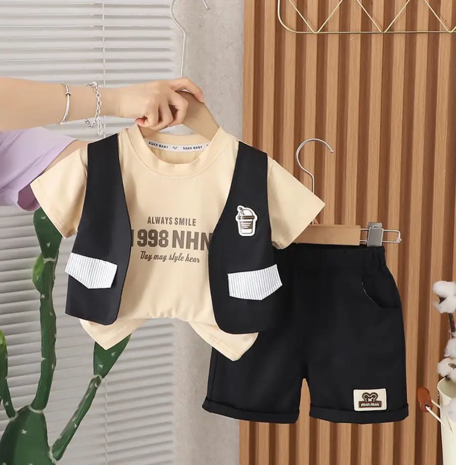 Setelan baju ulang tahun bayi laki-laki, setelan baju anak-anak musim panas, kaus rompi kargo lengan pendek kasual dan celana pendek dua potong