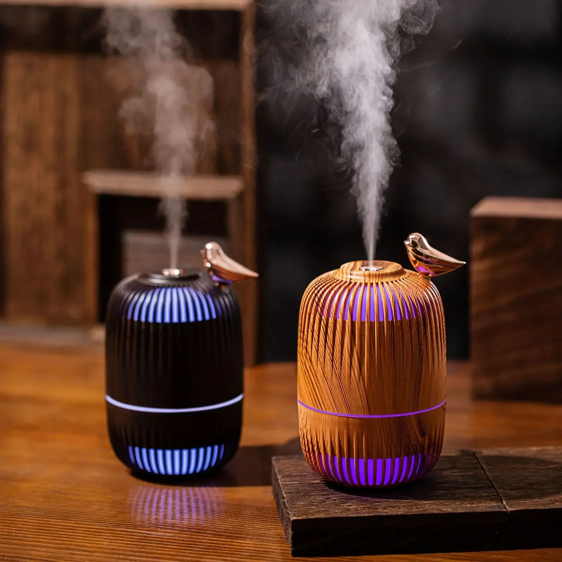 

2026 New Upgrade Wood Grain Mini Ultrasonic Humidifier Office Home Use Dual Purpose Spray Moisturizer Atmosphere Light