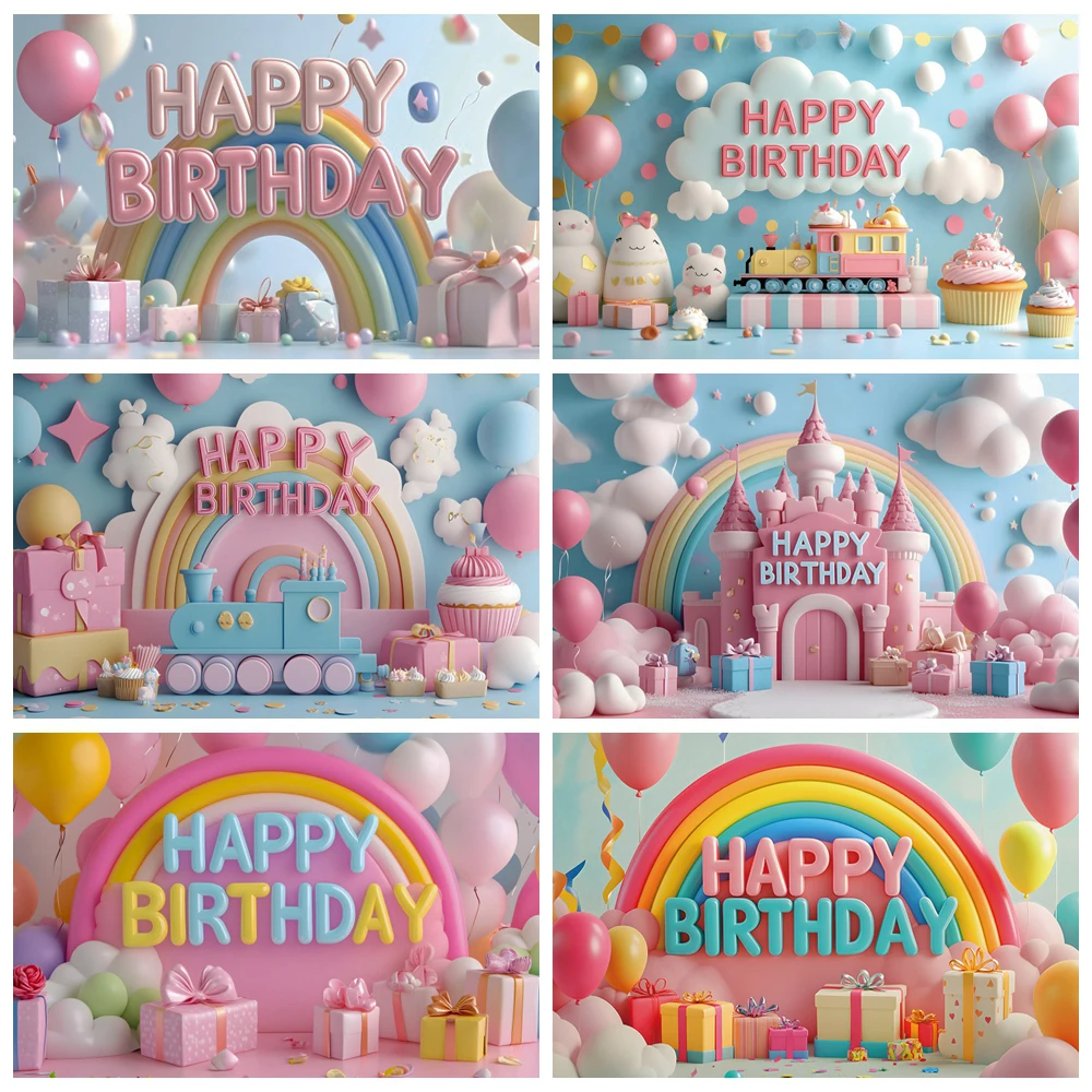 

Happy Birthday Theme Photography Backdrop Colorful Balloon Rainbow Boy Girl 1st Birthday Party Cake Smash Decor Photo Background