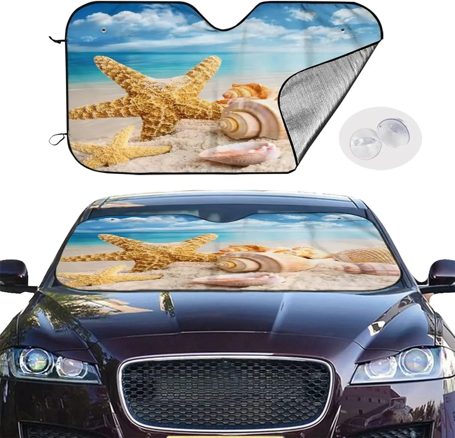 Cute Starfish Shells Pattern Sun Shade Front Window Sunshade for Most Sedans SUV Blocks Max Uv Rays and Keep Your Vehicle Cool