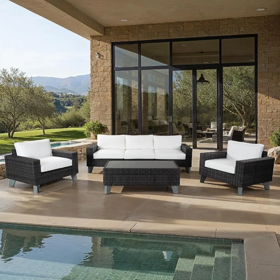 Couture Collection Margarita Faux Wicker Rectangle Indoor/Outdoor Coffee Table Beige, Weather-Resistant Weave, Fully Assembled