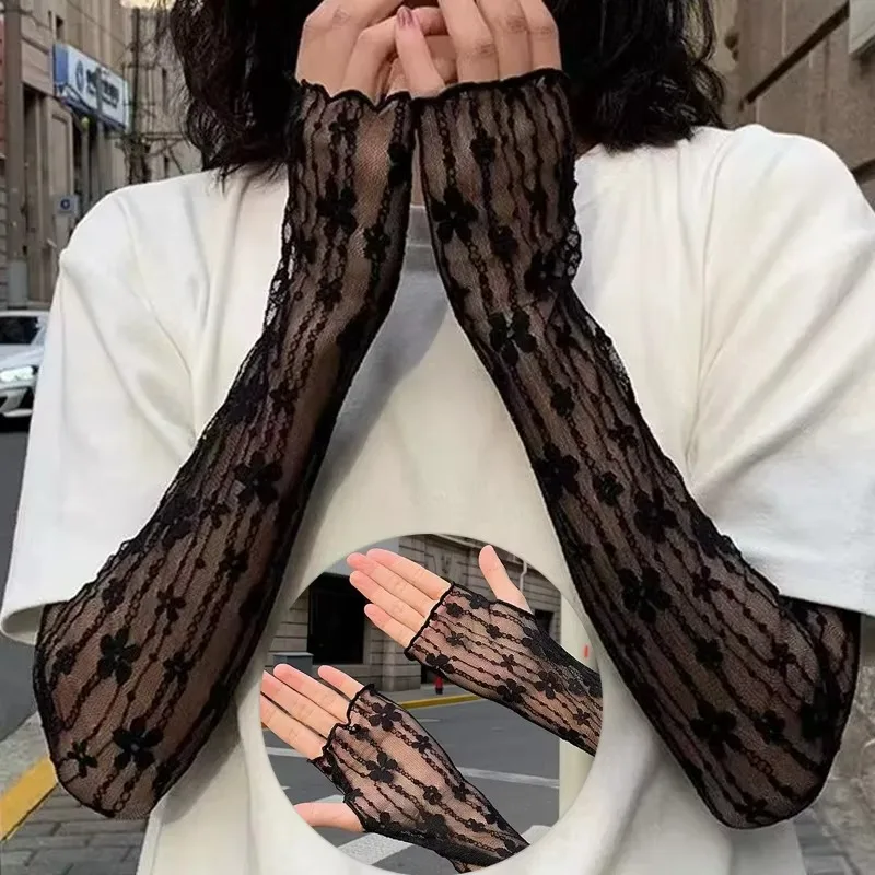 Mode Lange Spitze Handschuhe Hohl-Out Fingerlose Handschuh Frauen Sonnenschutz Ärmeln Mesh Spitze Dünne Hand Radfahren Handschuhe Gym handschuhe