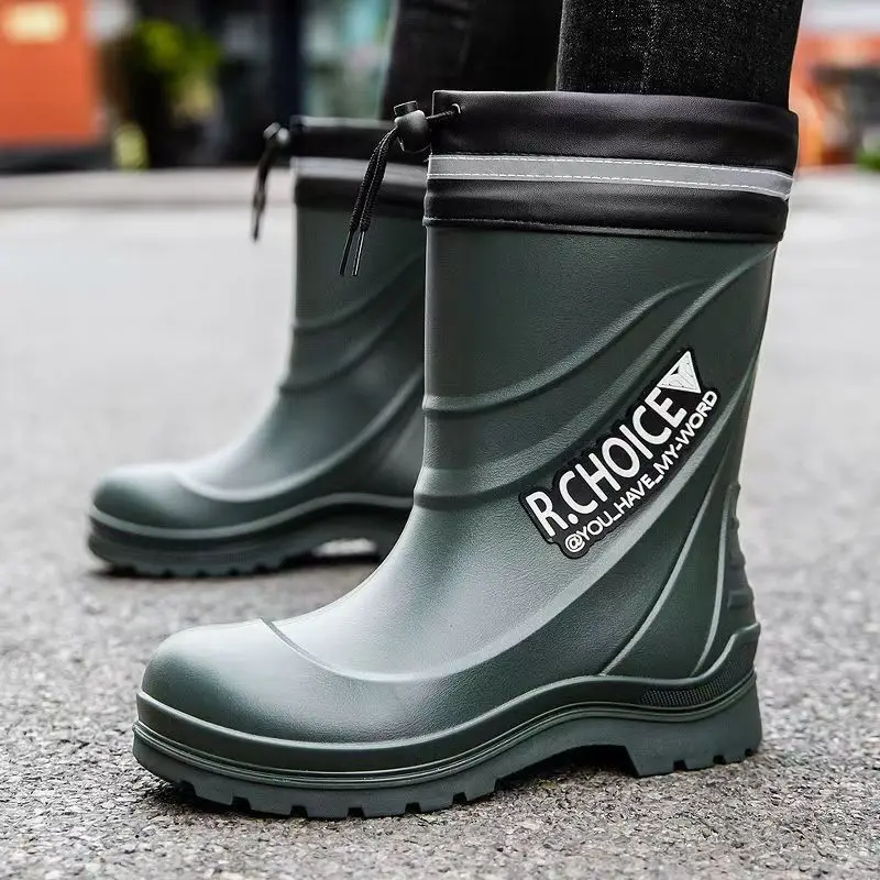 Men Thick Sole Drawstring High Top Rain Boots Spring Autumn New Injection Molding Waterproof Non Slip Work Shoes Fishing Shoes