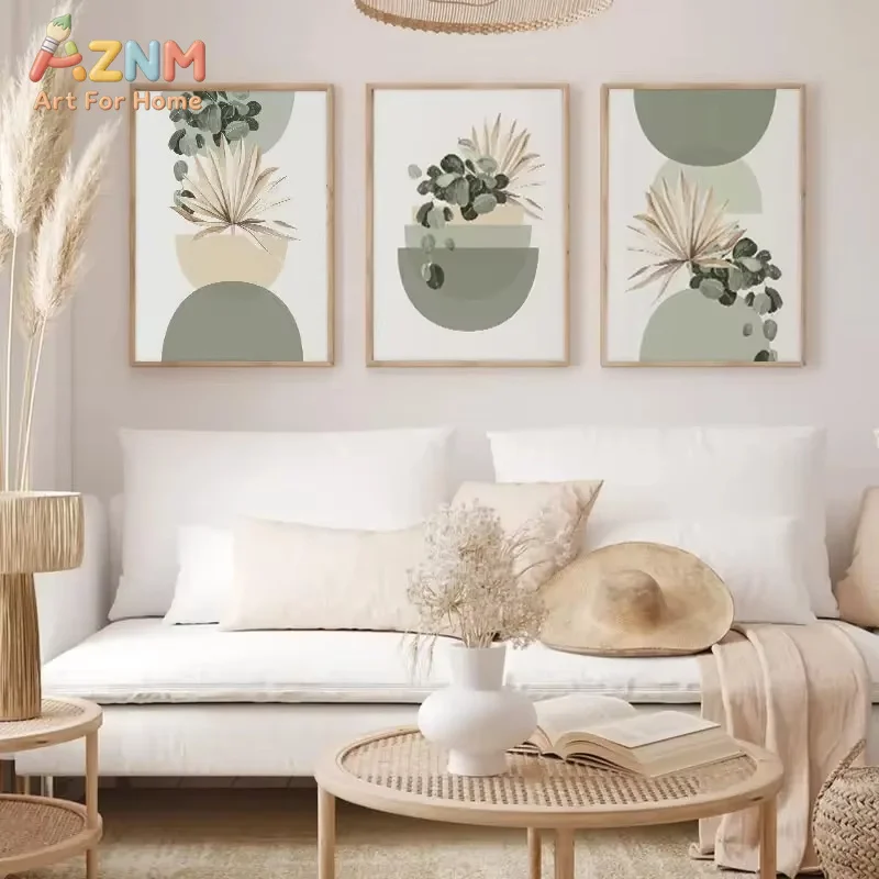 AZNM Boho Botanical Eucalyptus Canvas Wall Art Frameless Print, Sage Green Geometric Plant Poster, Neutral Modern Dining Room De