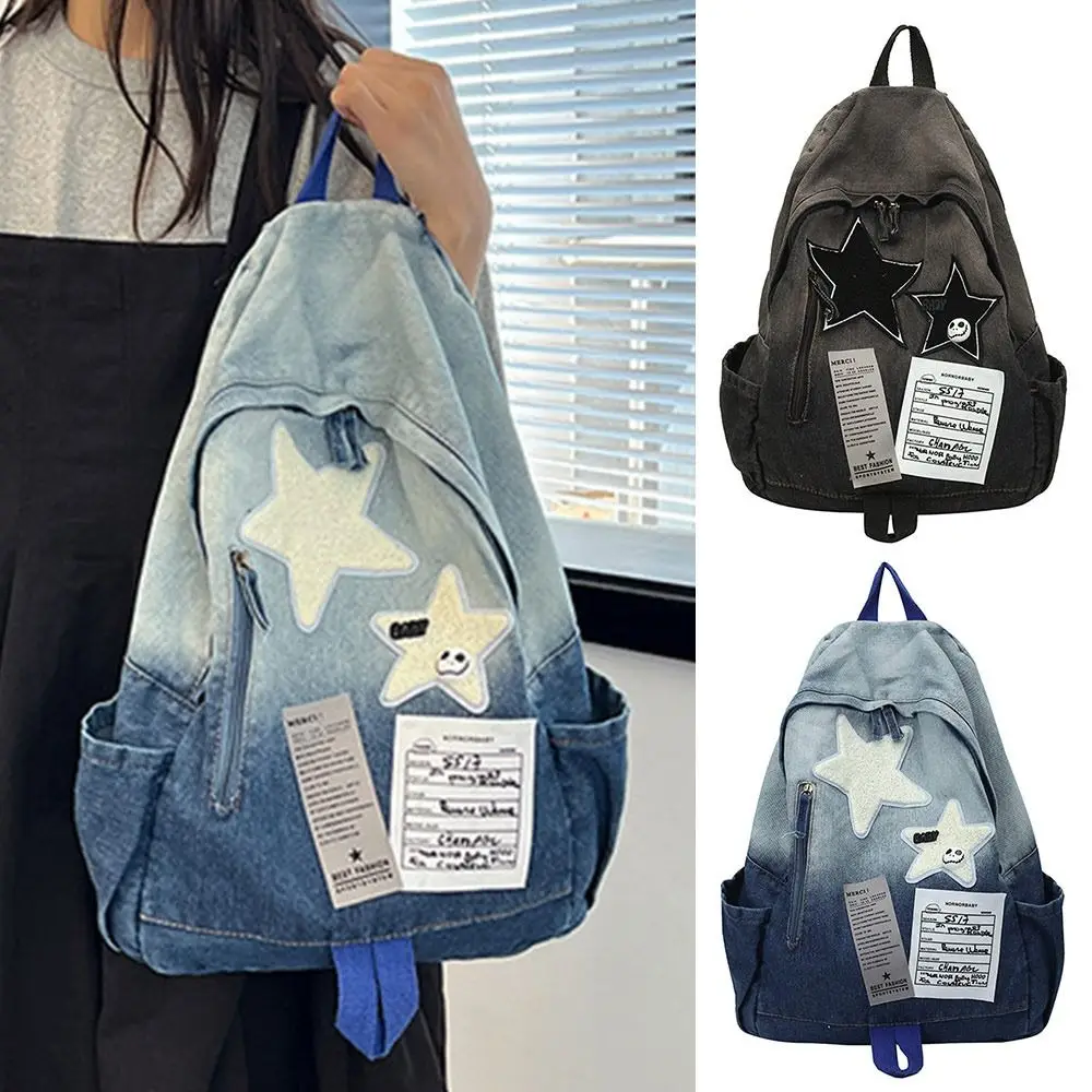 Fashion Large Capacity Denim Star Backpack Y2K All Match Double Shoulder Bag Unisex Star Pattern Students Backpack Outdoor