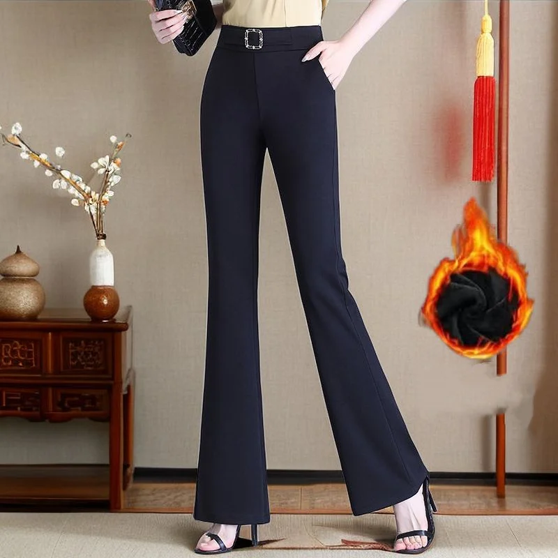 Autumn and Winter Women's Solid Colors Elastic High Waist Fashion Slim Boot Cut Pants Pockets Classic Casual Commuter Trousers