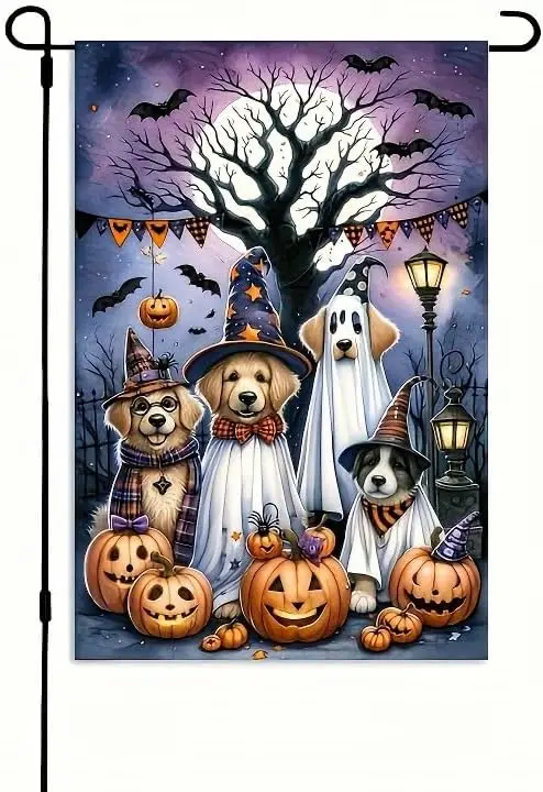 Spooky Dog Halloween Garden Flag Dogs Spooky 12x18 Inch Double Sided Scary Pumpkin Ghost Welcome Small Flags for Halloween Outsi