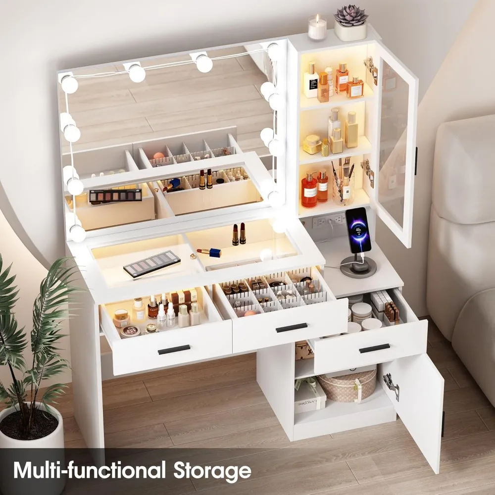 โต๊ะเครื่องแป้งขนาด 43 นิ้ว พร้อมท็อปกระจก, โต๊ะเครื่องแป้งสีขาวพร้อมกระจกและไฟ & แท่นชาร์จ, ชุดโต๊ะเครื่องแป้งพร้อมไฟ RGB