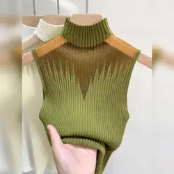 Sexy Women Slim Knitted Vests Summer Female Turtleneck Sleeveless Solid Stretch Camis Tank Tops