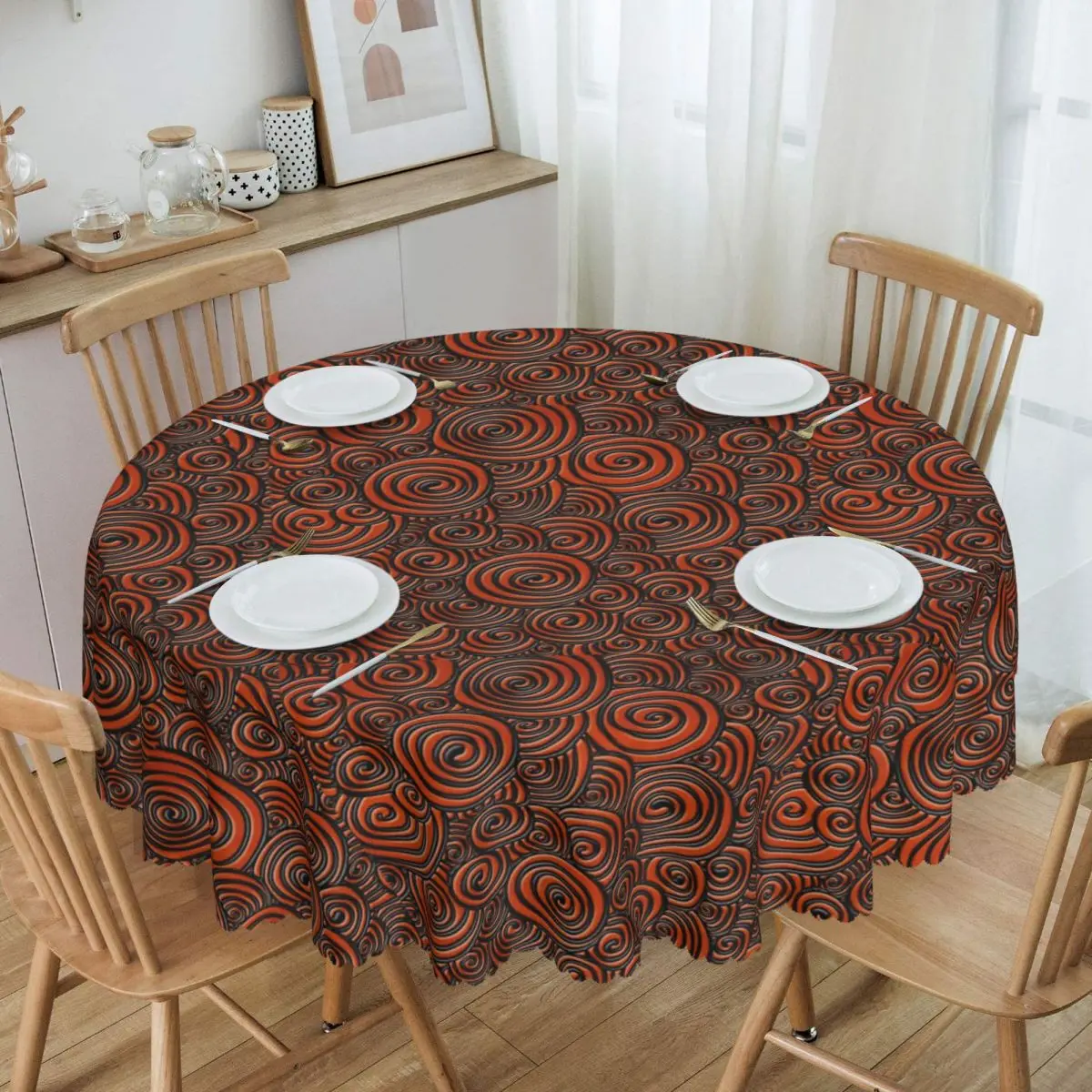 Embossed Doodle Swirl On Orange Leather Tablecloth Round Vintage Floral Textures Table Cloth Cover for Banquet 60 inches