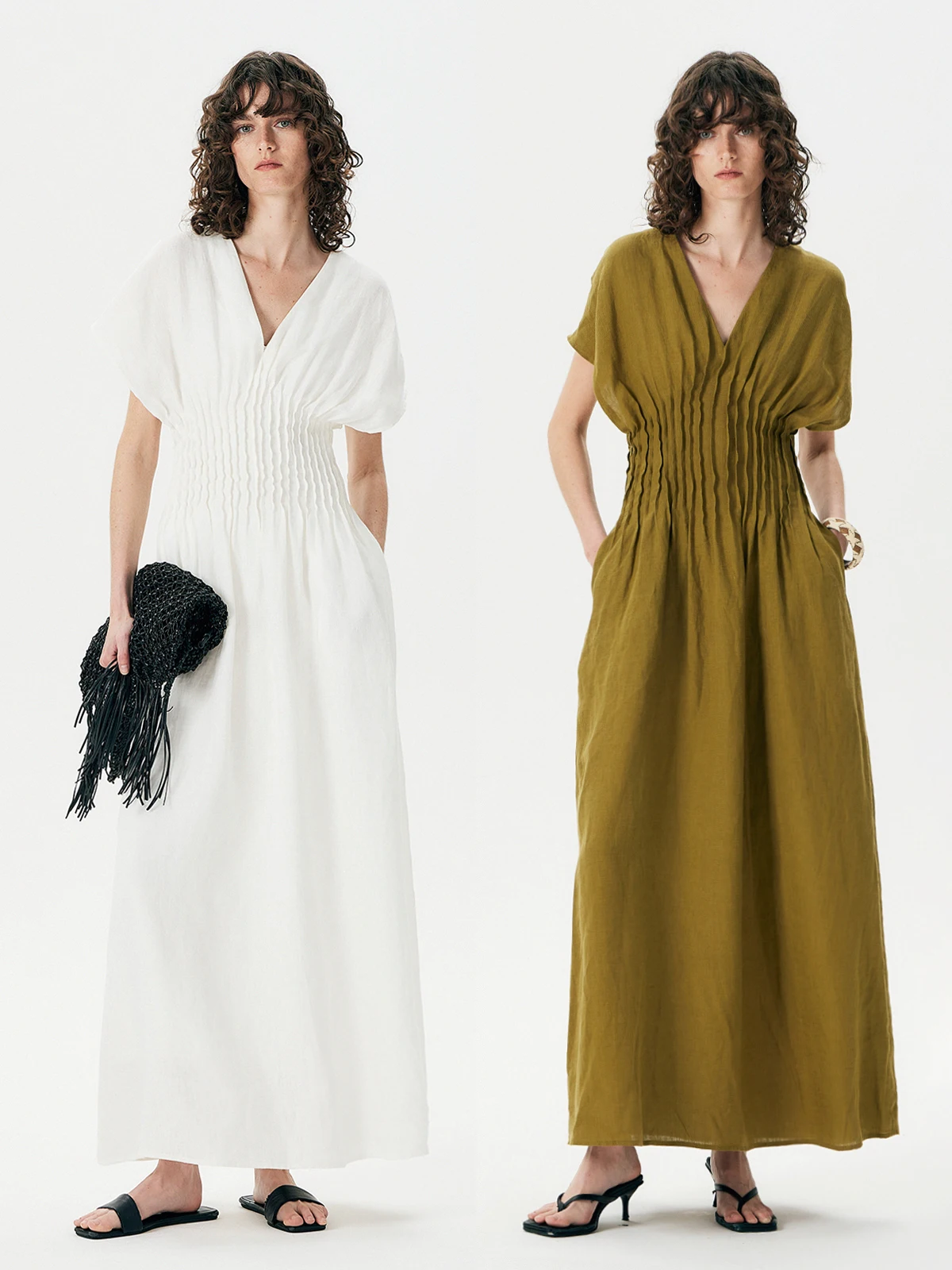 

Thoransaura 100% Linen Lazy Style Tuck Waist Dress Women Spring Summer A-Line Skirt VU Neck Casual Wear Soft Fabric No Sleeve