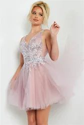 Off the Shoulder V-neck Lace Applique Homecoming Dress for Teens Sheer Corset Sleevelss Prom Gown A-line Short Cocktail Party