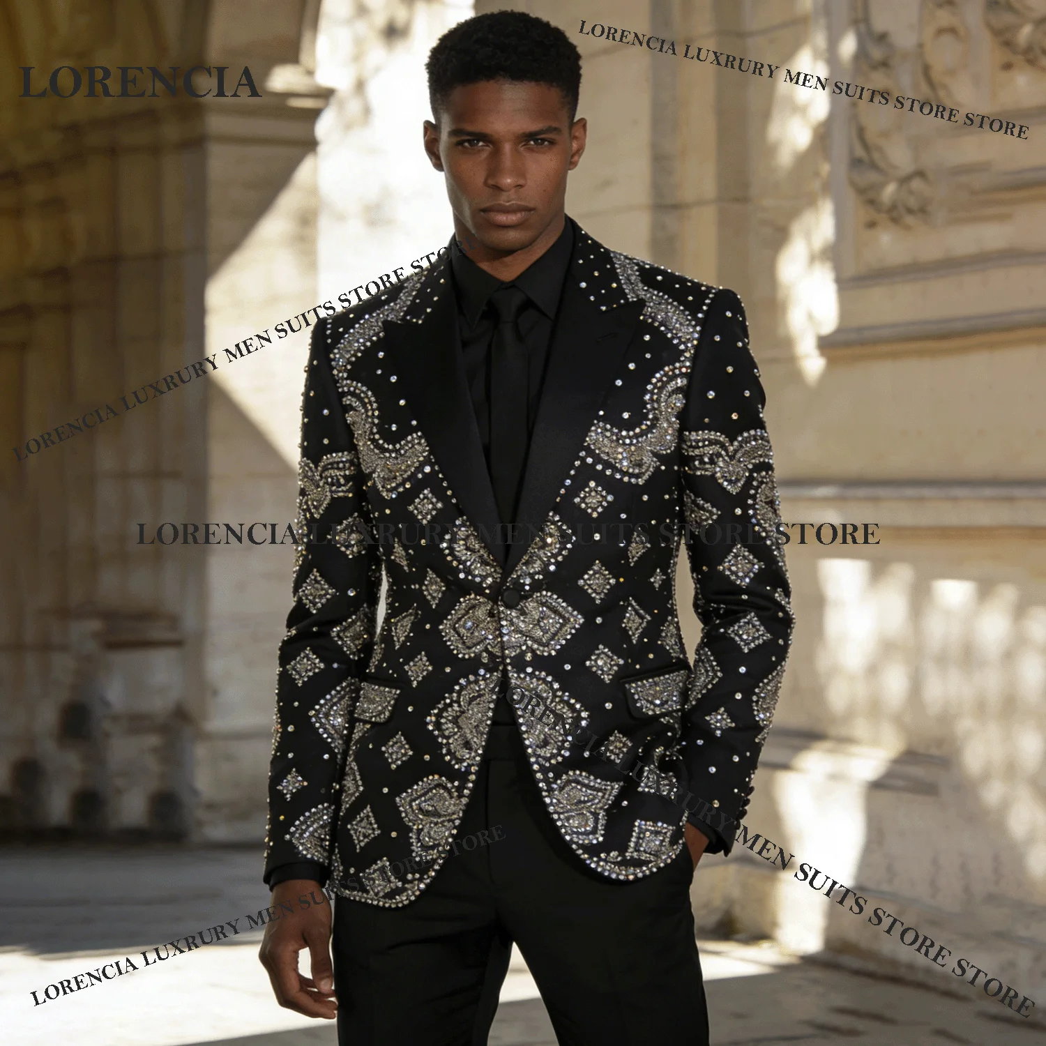 

Exquisite Customized Men Diamond Design Suits Elegant Wedding Tuxedos Glitter Slim Ropa hombre 2 Pieces Sets Groom Male Blazers