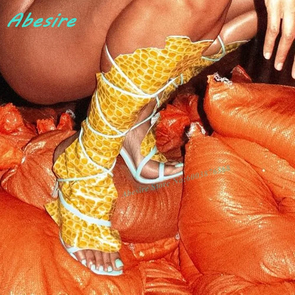 Snake-Print Gladiator Sandals Boots Round Toe Lace-Up Stiletto Heels Women's Sandals Spicy Girls Street Style Fashion Show Shoes