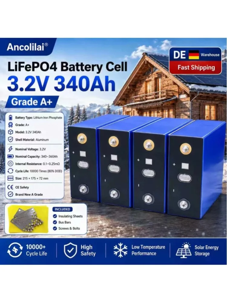 3,2V 340Ah LiFePO4-Batteriezelle Aluminiumgehäuse Wiederaufladbare Lithium-Eisenphosphat-Zelle EU-Lagerbestand