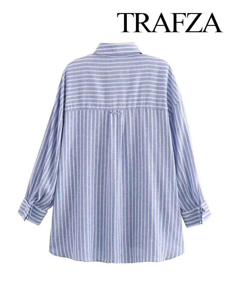 TRAFZA Summer Women Fashion Shirt Trend Pocket Striped Turn Down Collar Long Sleeve Woman Versatile Beach Style Blouse Mujer