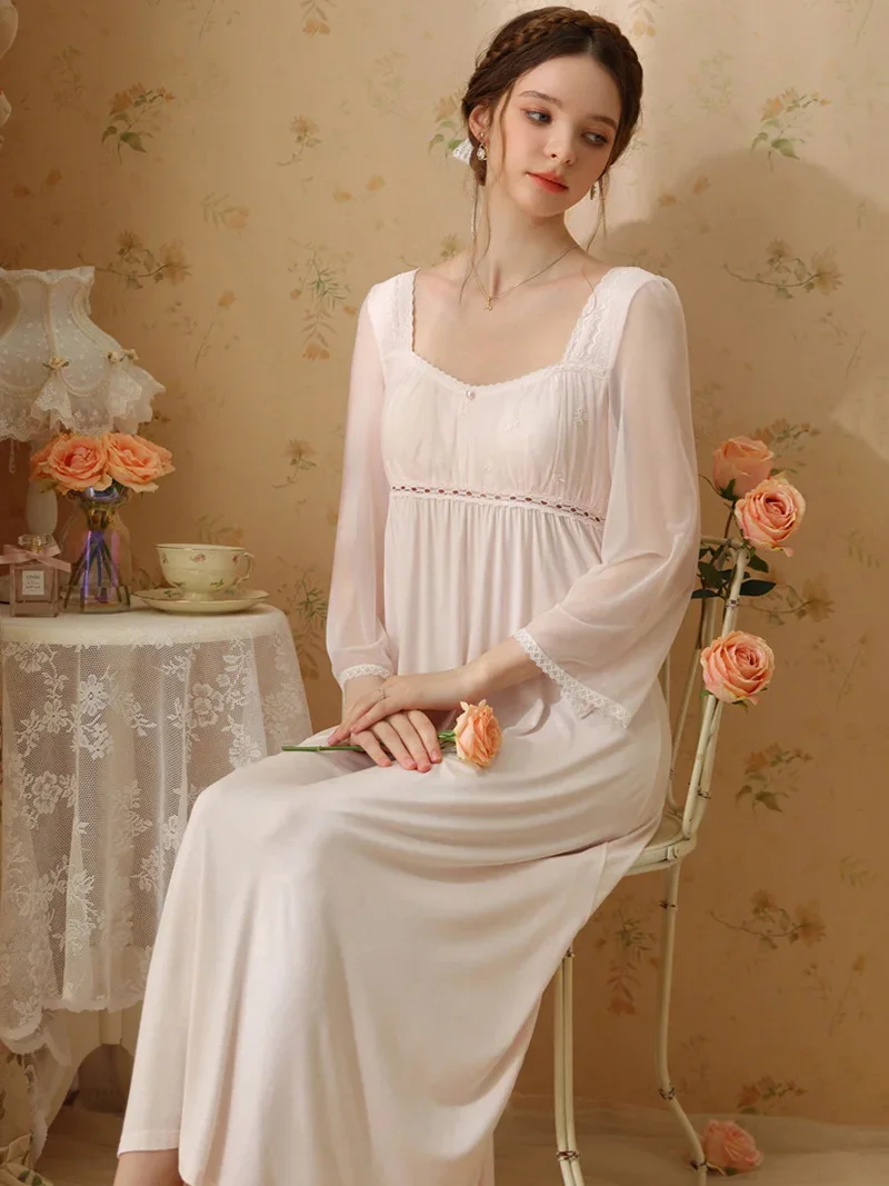 Women Sexy Fairy Princess Nightgown Princess Nightdress Long Sleeve Lace Pajamas with Chest Pads Mesh Modal Victorian Homewear