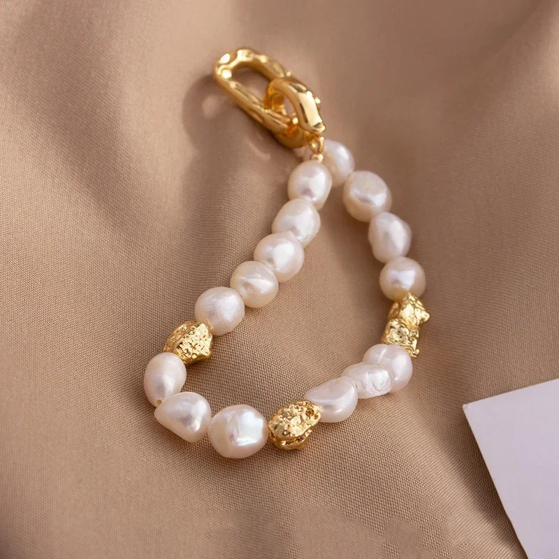 Natural Baroque Freshwater Pearl Bracelet Elegant Gold Color Charms Bangles for Women Luxury Personality Jewelry