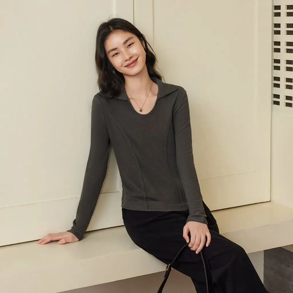

Women's Double-Sided Velvet T-Shirt U Collar Warm Long Sleeve Slimming Fishbone Design Autumn Winter Bottoming Shirt