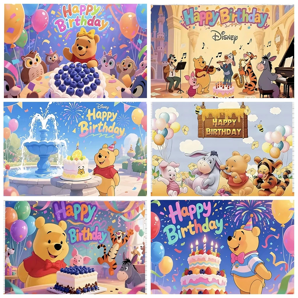 

Disney Winnie the Pooh theme photography decoration backdrop Children Happy Birthday Party Baby Shower Banner Photo Studio Props