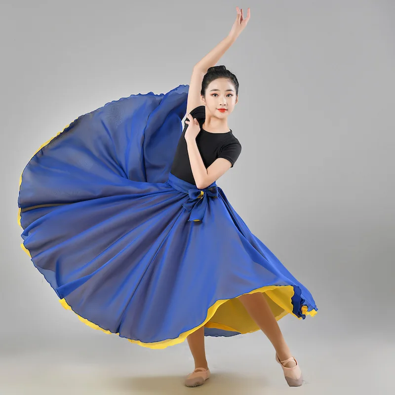 Jupe de danse flamenco en mousseline de soie pour filles, jupe longue taille haute pour enfants, vêtements d'entraînement de séparés euse, jupe de style chinois, robe de document solide, Louvain, 540