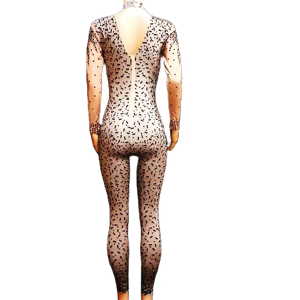 Sparkly Zwarte Kristal Vrouwen Lange Mouw Jumpsuit Nachtclub Zanger Pole Dance Kostuum Skinny Stretch Bodysuit Stadium Slijtage