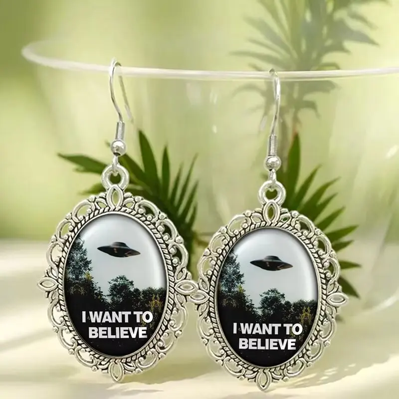 Vintage Ufo Glass Drop Earrings Sci-Fi Alien Quote Oval Dangle Jewelry For Women Girls Gothic Gift Accessories