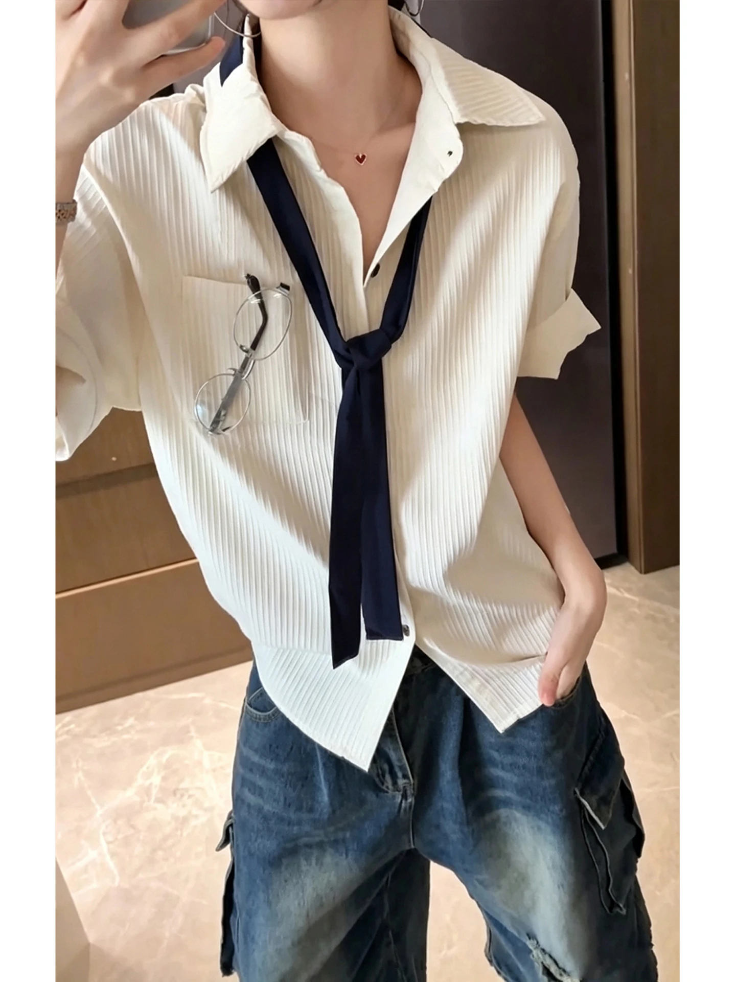 Textured Stripe Long Sleeve Men's Shirt with Tie Autumn College Style Outerwear Couple Matching Coat Polyester Fiber Loose Fit