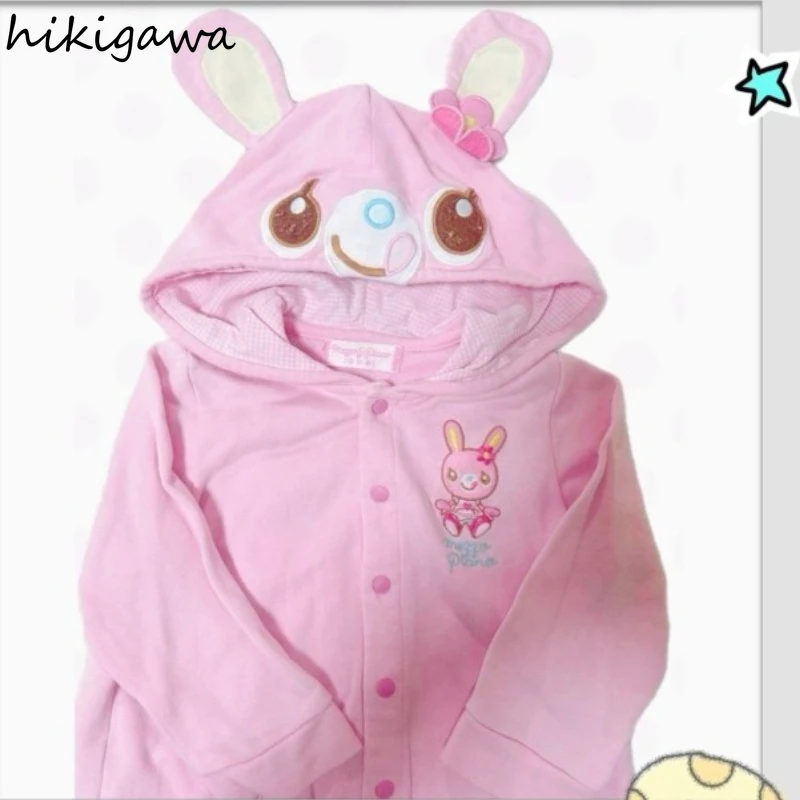 سترة يابانية لطيفة ملابس نسائية مطرزة على شكل أذن أرنب بقلنسوة واحدة الصدر Y2k معاطف عصرية غير رسمية معاطف حلوة Ropa Mujer #1