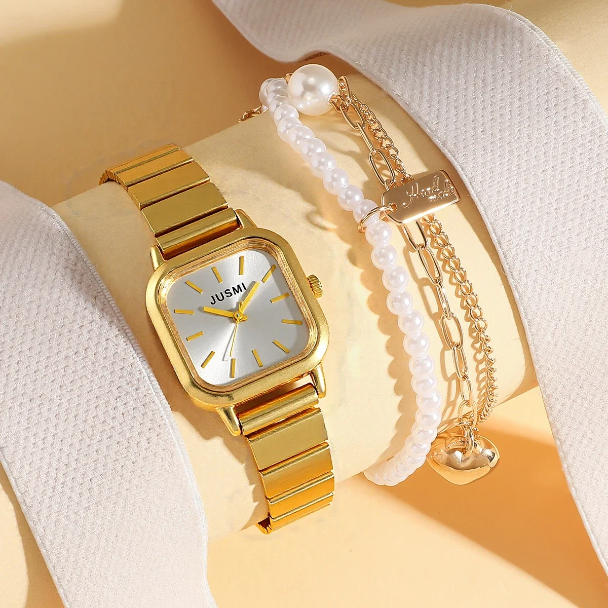 Reloj de cuarzo para mujer, exquisitamente ligero, de lujo, con esfera cuadrada pequeña, correa de aleación, conjunto de pulsera de perlas para Navidad y Halloween