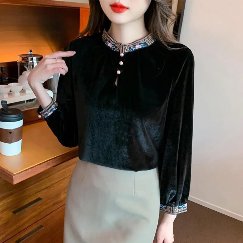 Stand Collar Base Shirt Women\'s Autumn Winter New High-end Velvet Top Anti-aging Beautiful Fashion Stylish Slim Looking Shirt