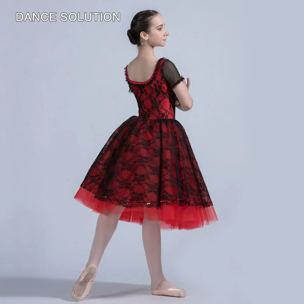 Red Spandex Bodice Attached Balck Lace Ballet Tutu Costume with Short Sleeve for Women & Girls Stage Performance Dancewear 20018