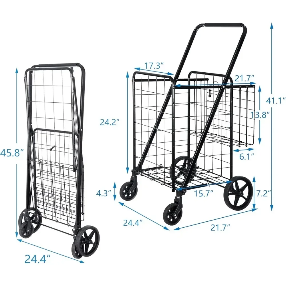 Carrito de compras plegable con ruedas y cesta doble para comestibles, libro de lavandería, equipaje de viaje, negro