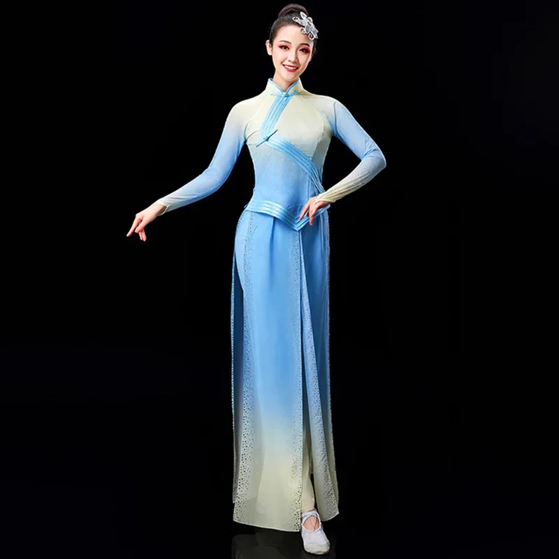 전통 중국 의류 여성 고대 Yangko 민속 무용 팬 블루 의상 의상 여성 yangge 춤 댄스 옷 드레스