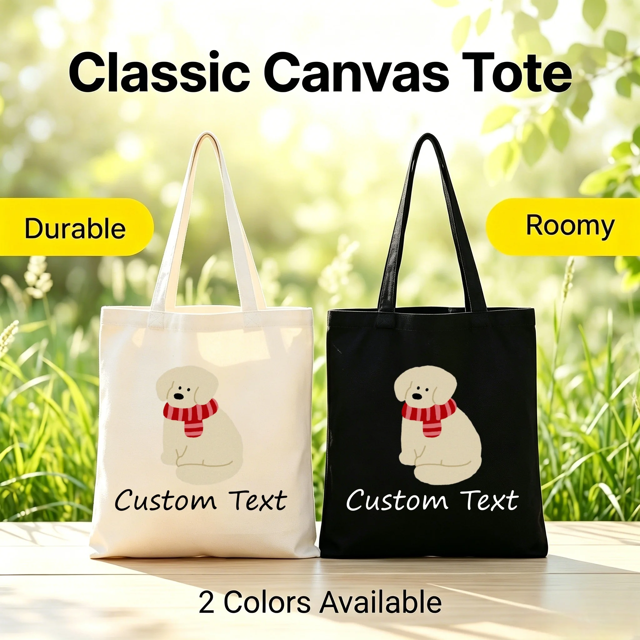 1pc Canvas Tote Bag Cute Dog Scarf Print Custom Text Roomy Durable 2 Colors Shoulder Bag