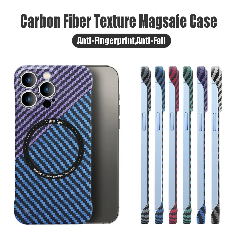 Ultra Thin Carbon Fiber Magnetic Case for iPhone 16 15 ProMax 14 Plus 13 12 11 Pro Max Magsafe Wireless Charging Frameless Cover